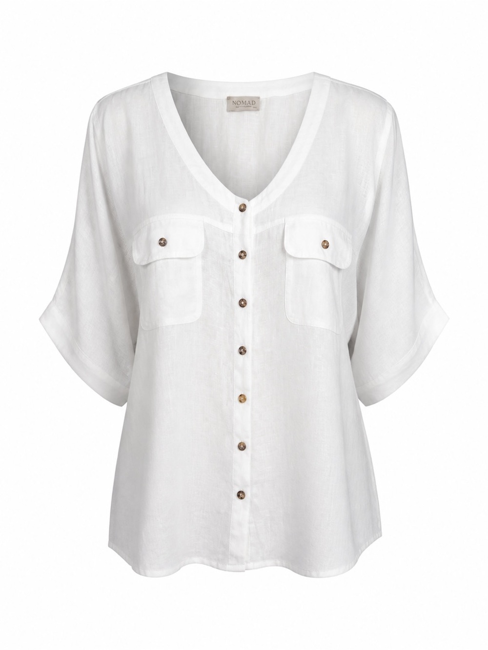 Nomad White V-Neck Button Front Linen Tunic NWOT
